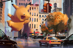 Pikachu In City (1360x768) Resolution Wallpaper