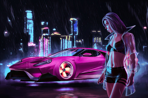 Pink Car Cyberpunk Girl 4k