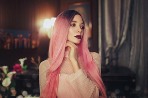 Pink Hair Girl Looking Side 4k (2880x1800) Resolution Wallpaper