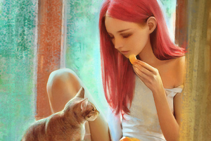 Pink Hair Girl With Cat (1152x864) Resolution Wallpaper