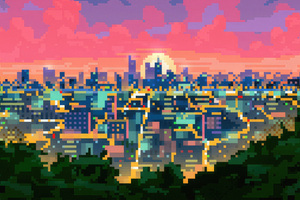 Pixel City Sunset (2048x2048) Resolution Wallpaper
