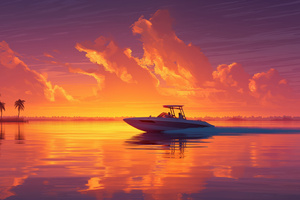 Plam Trees Miami And Boat (1360x768) Resolution Wallpaper