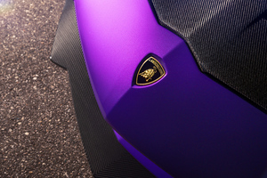Purple Lambo Aventador Bonnet Logo 5k (2560x1440) Resolution Wallpaper