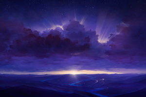Purple Rays Sky Stars Digitalart River 4k (2560x1080) Resolution Wallpaper
