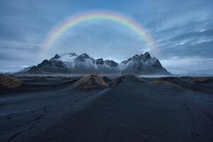 Rainbow Over Snow Covered Mountain 8k (1360x768) Resolution Wallpaper