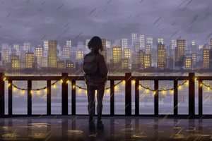 Rainy City And Thoughts Anime Girl (2048x2048) Resolution Wallpaper