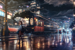 Rainy Day Anime Girl Looking Back 5k (1600x1200) Resolution Wallpaper
