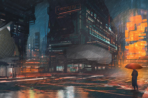 Rainy Night Man With Umbrella Scifi Drawings Digital Art Wallpaper