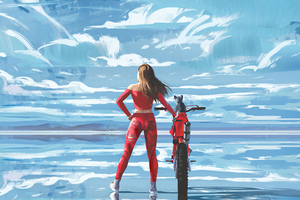 Red Biker Girl With Cat (2560x1440) Resolution Wallpaper