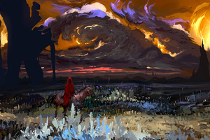 Red Coat Horse Field Landscape Fantasy Art 8k