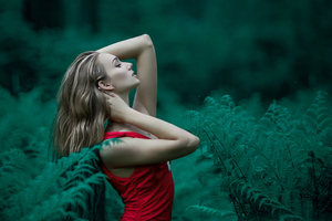 Red Dress Girl In Forest Wallpaper
