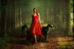 Red Dress Girl Walking With Dogs Wallpaper
