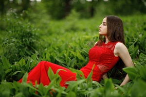 Red Dressed Beauty Reclining On Green Grass Wallpaper