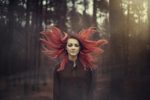 Red Dyed Hair Girl Flying Closed Eyes Wallpaper