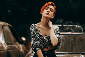 Red Head Girl Sitting On A Vintage Car 4k (1336x768) Resolution Wallpaper