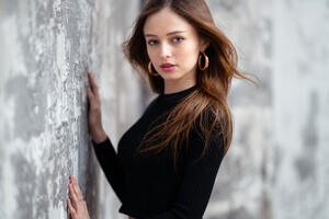Red Head Model Posing With Wall (1360x768) Resolution Wallpaper