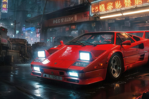 Red Lamborghini Countach In Cyberpunk City (2048x1152) Resolution Wallpaper