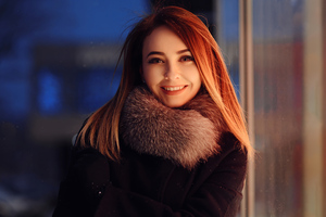 Red Long Hair Girl Winter Coat Smiling 4k