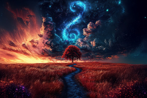 Red Tree In A Vast Red Field Under A Full Moon In A Dark (1280x720) Resolution Wallpaper