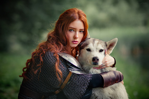 Redhead Girl With Dog 4k