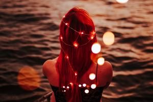 Redhead Women City Lights Horizon Sitting On Pier