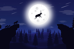 Reindeer Wolf Full Moon Night Illustration Wallpaper