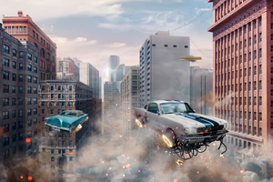 Retro Futuristic Cars Flying In The City (1280x800) Resolution Wallpaper