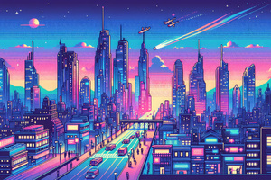 Retro Futuristic Cityscape (2560x1080) Resolution Wallpaper