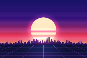 Retrowave City Sunrise Grid 4k