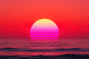 Retrowave Minimal Sunset Seascape (2048x1152) Resolution Wallpaper