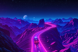 Retrowave Mountain Drive (1366x768) Resolution Wallpaper