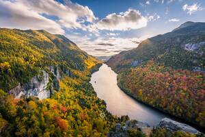 River Mountains Fall Clouds Tree 5k Wallpaper