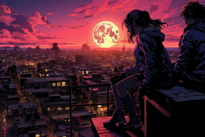 Roofscape Harmony Two Friends Absorb The Blood Moon Aura (1680x1050) Resolution Wallpaper