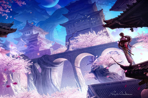 Sakura Castle 4k (2560x1024) Resolution Wallpaper