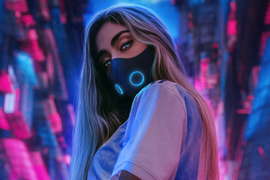 Scifi Girl Glowing Mask Neon Night 4k