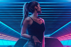 Scifi Girl Jeans Lights Neon Cars 5k Wallpaper