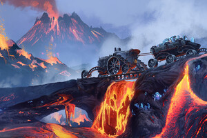 Scifi Steampunk Mountain Vehicle Mining Lava Wallpaper