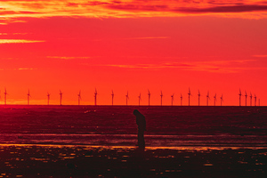 Silhouette Wind Turbines Sunset Horizon 5k