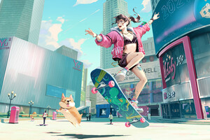 Skyline Anime Girl Skateboard With Dog (2560x1440) Resolution Wallpaper