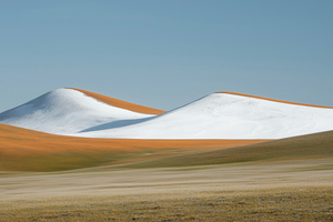 Snowy Hills Sit In A Yellow Landscape (3440x1440) Resolution Wallpaper
