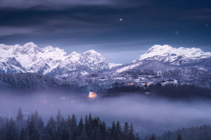 Snowy Nightfall The Church In The Mist (3840x2160) Resolution Wallpaper