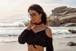 Spectacles Girl On Beach (2932x2932) Resolution Wallpaper