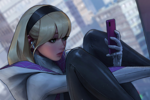 Spider Gwen Using Phone (1024x768) Resolution Wallpaper