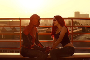 Spiderman And Girl Friend On Date (2560x1080) Resolution Wallpaper