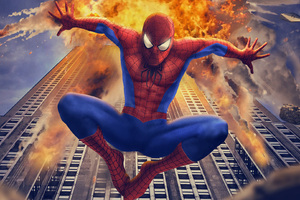 Spiderman Behind Buliding Destruction (1440x900) Resolution Wallpaper