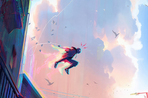 Spiderman Jumping Through Buildings Comic Art 4k (2048x2048) Resolution Wallpaper