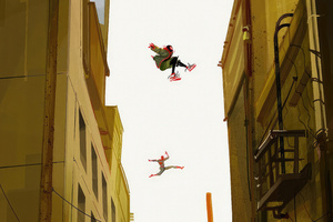 Spiderman Jumping Through Buildings Wallpaper