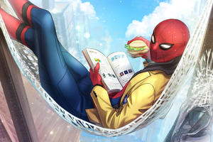 Spiderman Reading Book Eating Burger (1024x768) Resolution Wallpaper