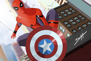 Spiderman With Captain America Shield Art