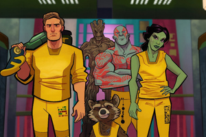 Star Lord Groot Drax The Destroyer Rocket Raccoon And Gamora In Prison Wallpaper